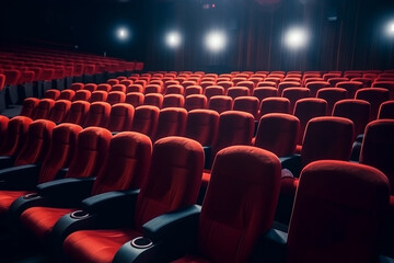 Empty red seats in a dark theater or cinema with stage lights on.