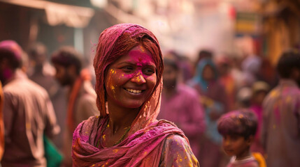 Obraz premium Festival of colors Holi. Happy Hindus celebrate Holi by throwing colorful powder at each other. Close-up. Copy space