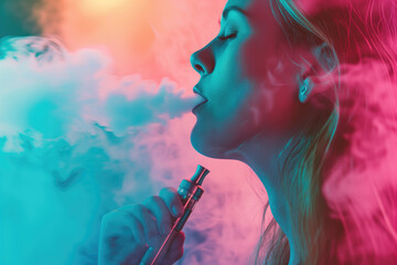 Young woman inhaling e-cigarette - obrazy, fototapety, plakaty