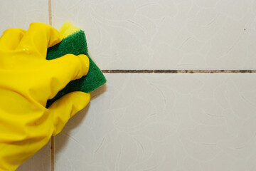 Black mold on bathroom tiles due to dampness. Clean mold using baking soda and a sponge. Fungus on...