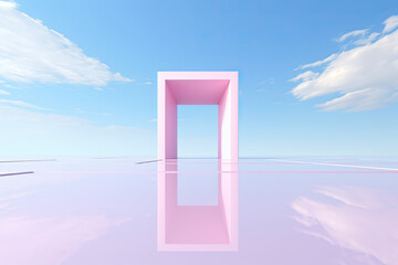 Cubes, arches, geometric shapes in space. Empty base, podium for gadgets, equipment advertising. Architectural composition against a background of clouds and a bright summer blue sky.