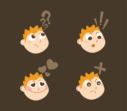 A cartoon boy or girl with red hair, showing a range of emotions, including questioning, surprised, in love, and angry. Flat vector illustration.