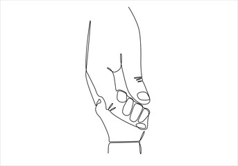 Continuous line drawing. the parent holds the hand of a small child. Display of small children holding adult finger.