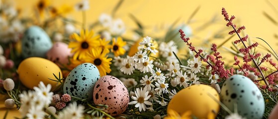 Easter eggs and spring flowers on a wooden background. Selective focus.