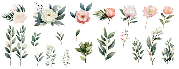 Set of Watercolor floral illustration, spring flowers, green leaves, rose, peony, foliage, tree branch, spring collection of flowers. Isolated cutout on transparent background.