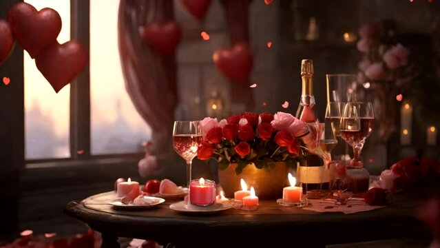 Scene The atmosphere of a loving valentine's day is decorated with Ati's picture and the color red Seamless looping time-lapse animation Video background Generated AI