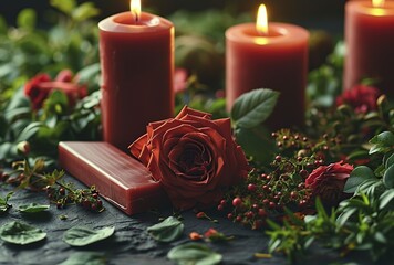 Burning candles with flowers and wax bar on dark background, closeup