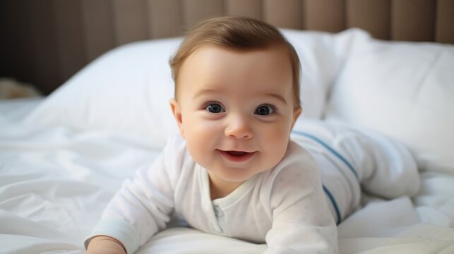 Caucasian Newborn Baby on Bed - Cute Smiling Face of Little Person Enjoying Childhood