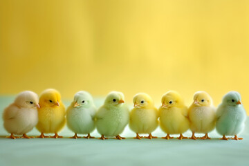 A row of eight fluffy chicks against a vibrant yellow and blue gradient background - obrazy, fototapety, plakaty