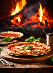 Foto op Plexiglas Rustic wooden table featuring a Pizza Margherita with a fiery backdrop. © HM Design