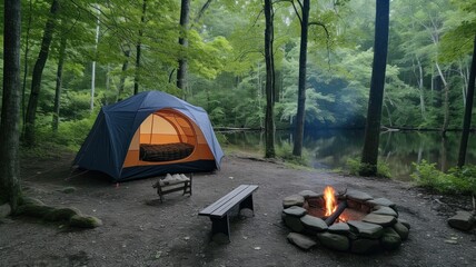 Campsite in a forest clearing, tent open to show cozy setup inside, campfire nearby with stars overhead