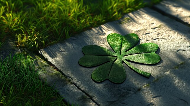 Four Leaf Clover on Cement Slab, Symbol of Good Luck and Serendipity