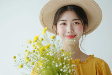 Portrait of a beautiful asian woman in yellow dress with bouquet of flowers