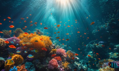 Naklejka na ściany i meble underwater paradise with coral reefs teeming with colorful fish, sunbeams piercing through the water