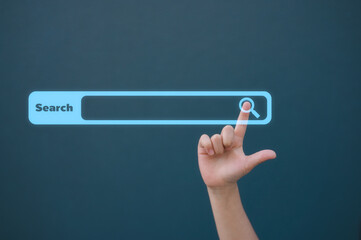 search engine concept, Searching information data on internet networ, kid hand touching magnifying glass icon search and copy space