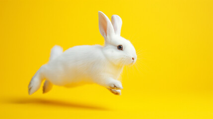 white rabbit jumping in studio on yellow background - 727738603