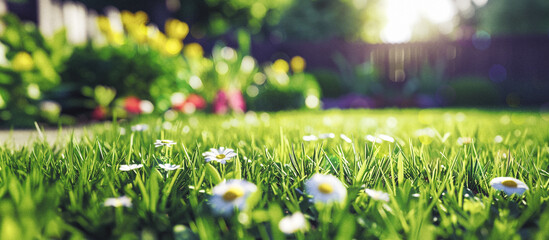 blurred background of lawn in backyard with green grass and flowers in spring garden - 727738606