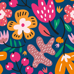 trendy cute floral abstract seamless pattern with yellow pink green flowers on the dark background