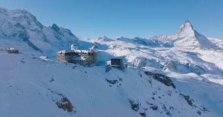 Panoramic view at Gornergrat with Matterhorn view during winter in Switzerland. Majestic mountain...
