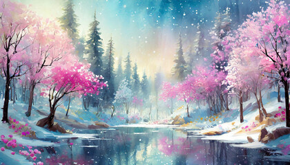 Snowy forest and blooming trees illustration like painting with reflections on the lake symbolizing the transition from winter to spring, Generative AI - obrazy, fototapety, plakaty