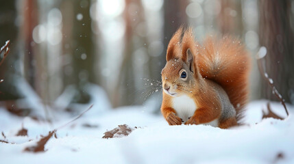 Cute red squirrel in snow, animals in winter