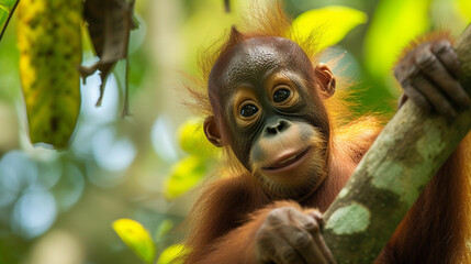 closeup of Young Orangutan on Tree Branch in Forest