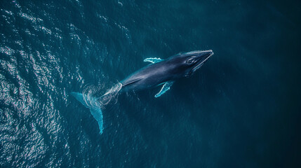 drone shot of Blue whale is swimming in the blue ocean or sea - obrazy, fototapety, plakaty