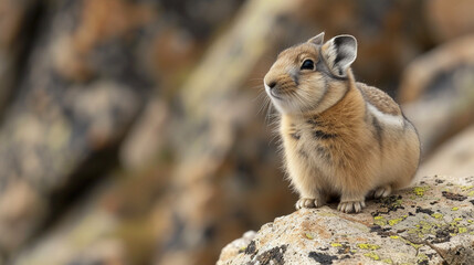 Pika sitting on rock looking right with space for text