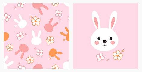 Seamless pattern with bunny rabbit cartoons and cute flower on pink background vector illustration. Cute childish print.