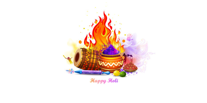 Holika dahan and Holi festival celebration background. Fun, dance and playing holi concept design with holi elements.
