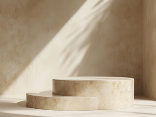 Stone podium for product presentation, 3d mockup, Geometric minimal pedestal for cosmetic product.