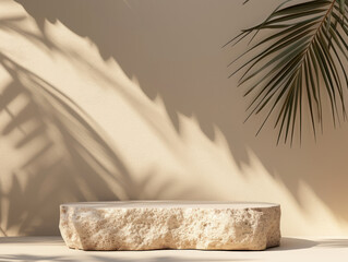 Stone podium for product presentation, 3d mockup, Geometric minimal pedestal for cosmetic product.