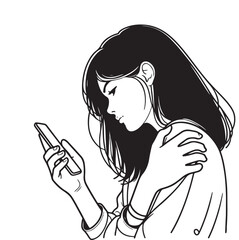 Young woman looks into her smartphone. Black and white illustration