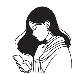 Young woman looks into her smartphone. Black and white illustration