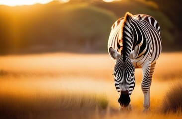 One wild zebra stand in the desert in natural environment, beautiful savanna landscape, sunset light, close up, copy space