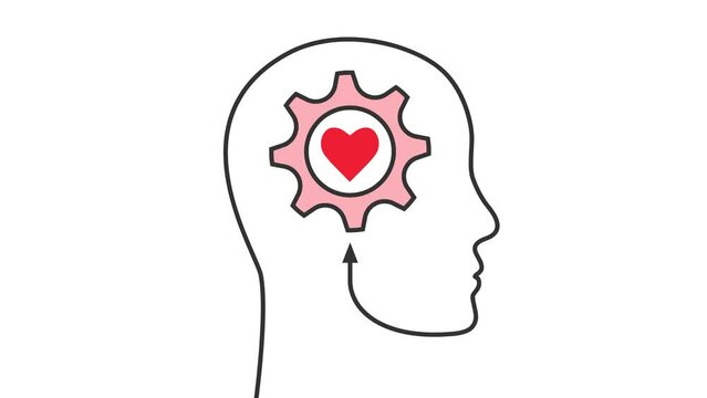 Head outline with rotating gear and beating heart as mental health, emotional intelligence or love related concept