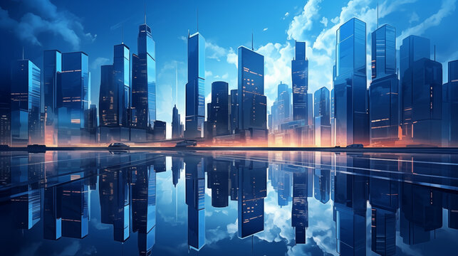 Illustration of Skycrapers in Business Center District with Blue Sky