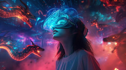 A young woman engrossed in a metaverse journey, surrounded by luminous digital components. Neon glows and abstract forms create an atmosphere of awe.