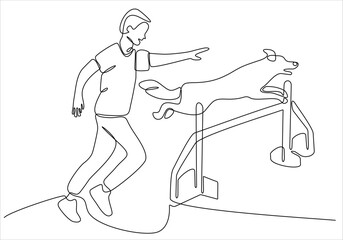 One single line drawing of young happy boy giving high five gesture to his puppy dog at outfield park. Pet care and friendship concept. Continuous line draw graphic design vector illustration