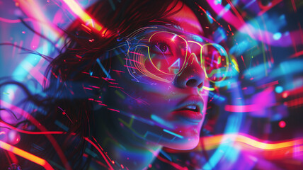 A young woman engrossed in a metaverse journey, surrounded by luminous digital components. Neon glows and abstract forms create an atmosphere of awe.