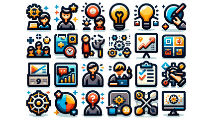 Workshop icon set. Containing team building, collaboration, teamwork, coaching, problem-solving and education icons. Solid icon collection