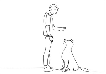 One single line drawing of young happy boy giving high five gesture to his puppy dog at outfield park. Pet care and friendship concept. Continuous line draw graphic design vector illustration