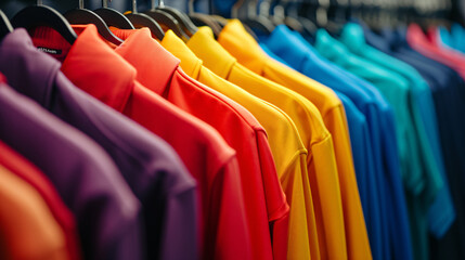 colorful shirts on hangers - obrazy, fototapety, plakaty