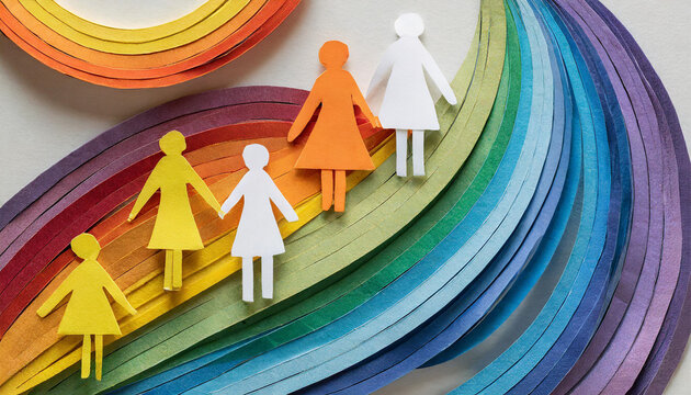 Dress-wearing paper figures of people in different rainbow colours, with a paper swirl background and copy space.
