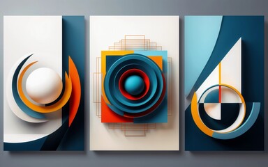 Set of three abstract paintings on a wall