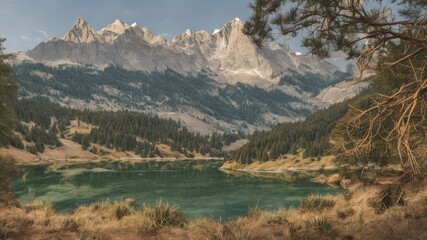 Naklejka na ściany i meble Majestic mountain landscape, serene lake surrounded by lush greenery and rugged peaks. Ideal for nature themed content, travel, and relaxation imagery. High quality, vibrant scenic photo