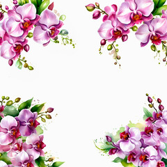Illustration orchid flowers frame on white background with copy space