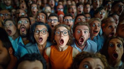Joyful  A Group Activity surprice  with a funny and crazy expression, open mouth, shouting in anger, with a beard, in a closeup portrait