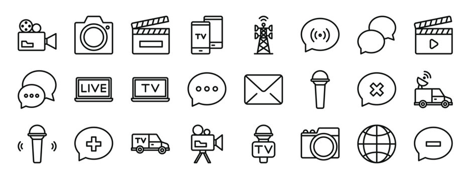 set of 24 outline web communication and television icons such as video camera, camera, clapperboard, streaming, communication tower, talk, comments vector icons for report, presentation, diagram,