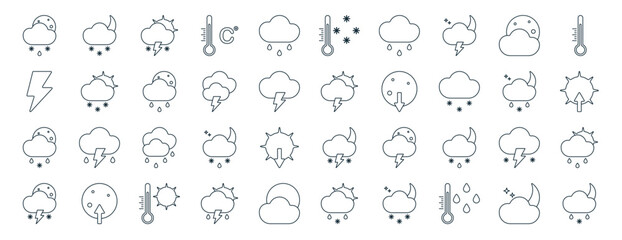 set of 40 outline web weather icons such as rainy night, storm, rainy night, rainy night, thermometer, thermometer icons for report, presentation, diagram, web design, mobile app